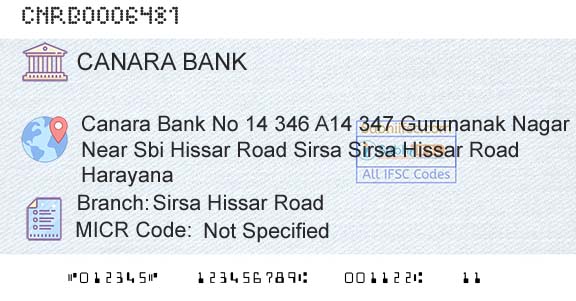 Canara Bank Sirsa Hissar RoadBranch 