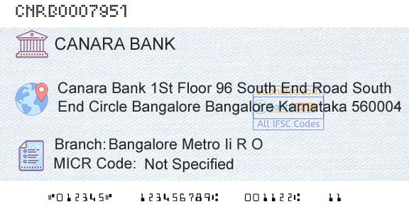 Canara Bank Bangalore Metro Ii R OBranch 