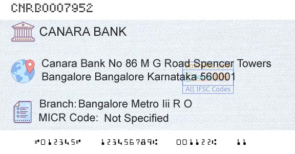 Canara Bank Bangalore Metro Iii R OBranch 