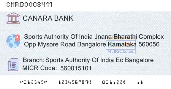 Canara Bank Sports Authority Of India Ec BangaloreBranch 