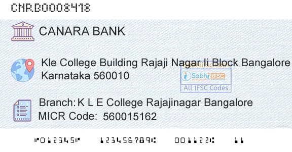 Canara Bank K L E College Rajajinagar BangaloreBranch 