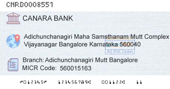 Canara Bank Adichunchanagiri Mutt BangaloreBranch 
