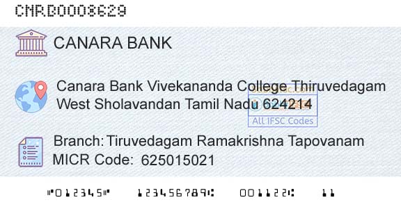Canara Bank Tiruvedagam Ramakrishna TapovanamBranch 