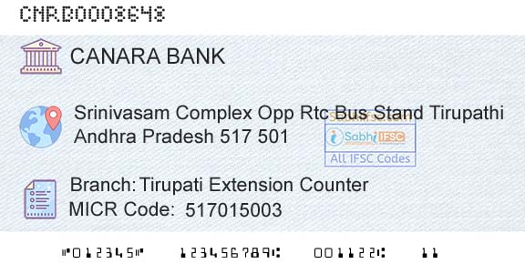 Canara Bank Tirupati Extension CounterBranch 