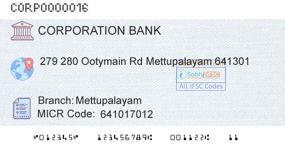 Corporation Bank MettupalayamBranch 