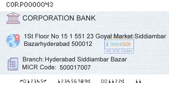 Corporation Bank Hyderabad Siddiambar BazarBranch 