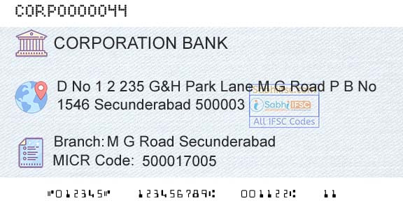 Corporation Bank M G Road SecunderabadBranch 