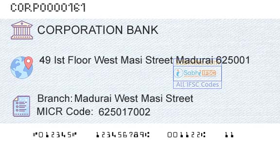 Corporation Bank Madurai West Masi StreetBranch 