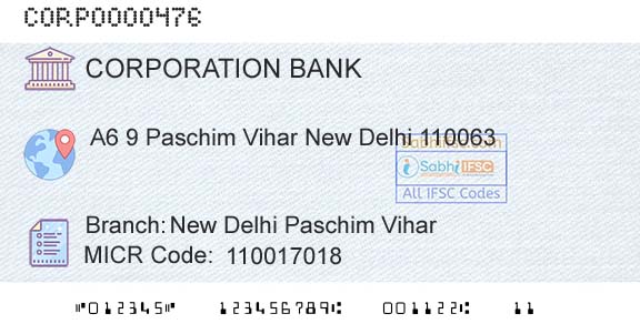 Corporation Bank New Delhi Paschim ViharBranch 