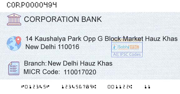 Corporation Bank New Delhi Hauz KhasBranch 
