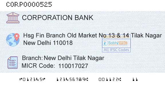 Corporation Bank New Delhi Tilak NagarBranch 