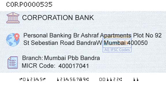 Corporation Bank Mumbai Pbb BandraBranch 
