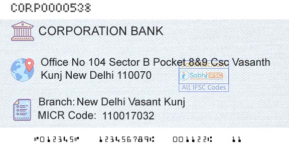 Corporation Bank New Delhi Vasant KunjBranch 