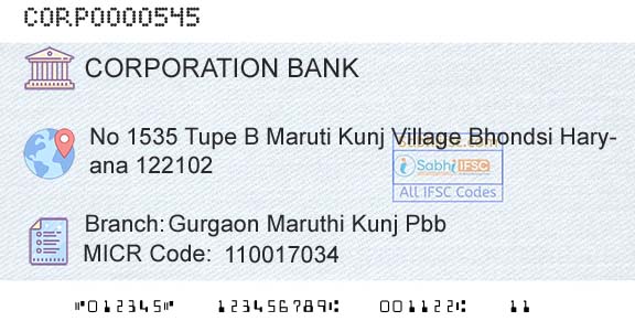 Corporation Bank Gurgaon Maruthi Kunj PbbBranch 