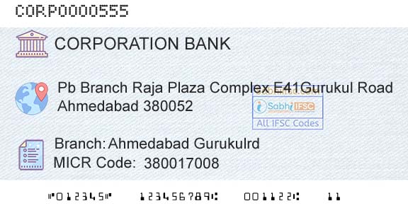 Corporation Bank Ahmedabad GurukulrdBranch 