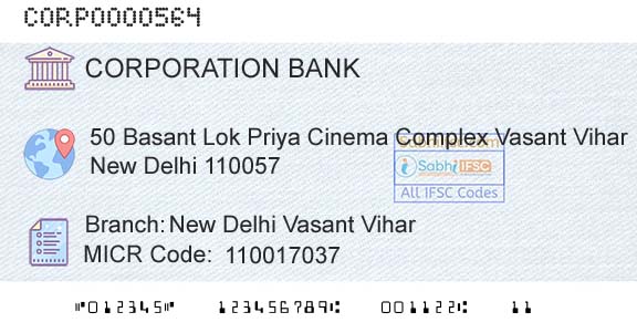 Corporation Bank New Delhi Vasant ViharBranch 