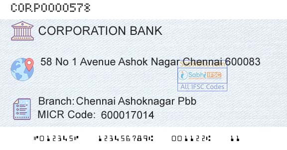 Corporation Bank Chennai Ashoknagar PbbBranch 