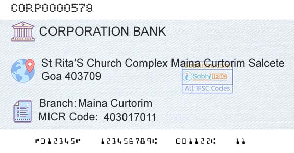 Corporation Bank Maina CurtorimBranch 