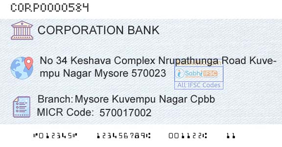 Corporation Bank Mysore Kuvempu Nagar CpbbBranch 