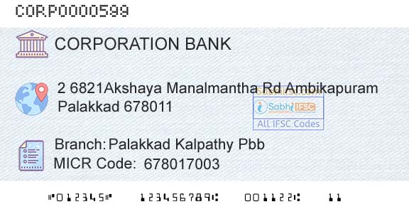 Corporation Bank Palakkad Kalpathy PbbBranch 