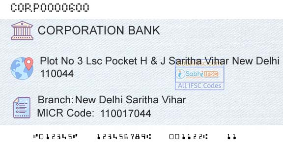 Corporation Bank New Delhi Saritha ViharBranch 