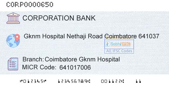 Corporation Bank Coimbatore Gknm HospitalBranch 