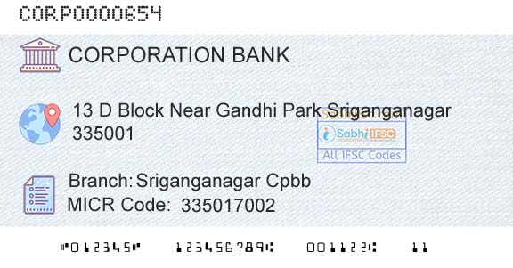 Corporation Bank Sriganganagar CpbbBranch 