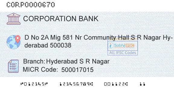 Corporation Bank Hyderabad S R NagarBranch 