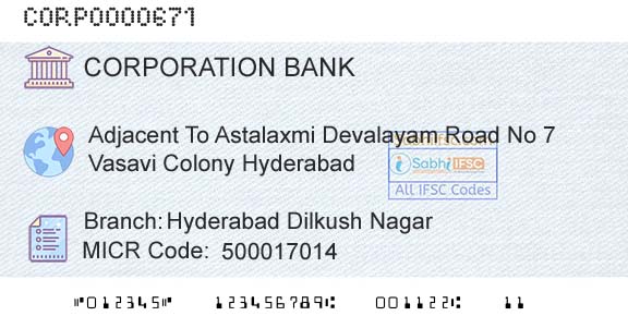 Corporation Bank Hyderabad Dilkush NagarBranch 