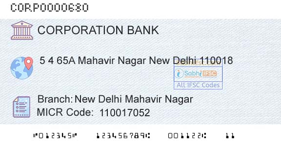 Corporation Bank New Delhi Mahavir NagarBranch 