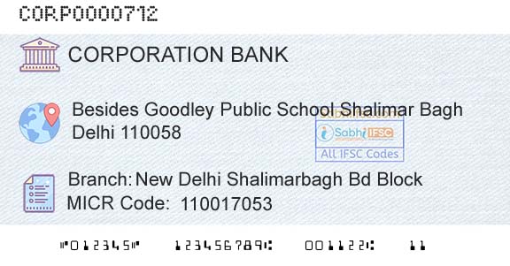 Corporation Bank New Delhi Shalimarbagh Bd BlockBranch 