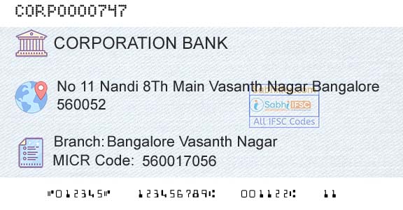 Corporation Bank Bangalore Vasanth NagarBranch 