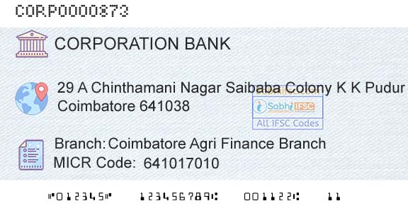 Corporation Bank Coimbatore Agri Finance BranchBranch 
