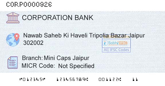 Corporation Bank Mini Caps JaipurBranch 