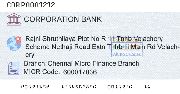 Corporation Bank Chennai Micro Finance BranchBranch 