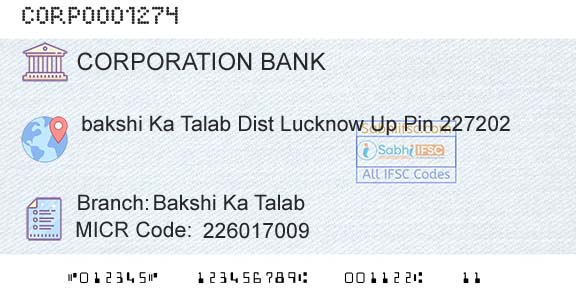 Corporation Bank Bakshi Ka TalabBranch 