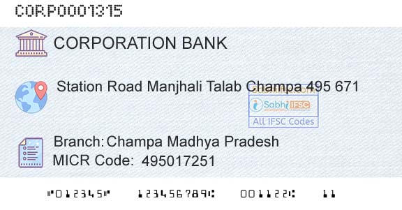 Corporation Bank Champa Madhya Pradesh Branch 