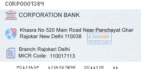 Corporation Bank Rajokari DelhiBranch 