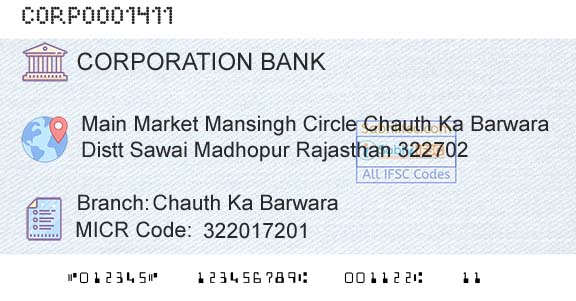 Corporation Bank Chauth Ka BarwaraBranch 