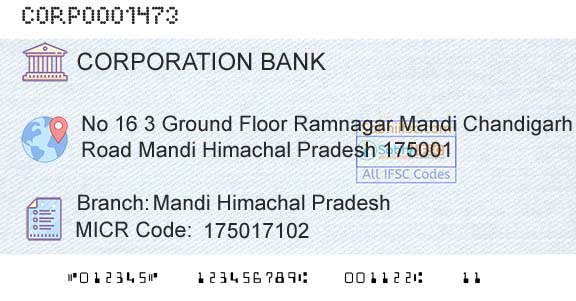 Corporation Bank Mandi Himachal Pradesh Branch 