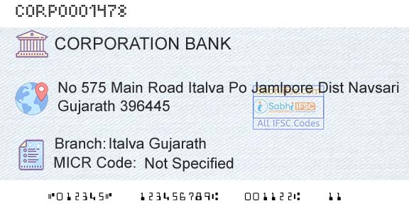 Corporation Bank Italva GujarathBranch 