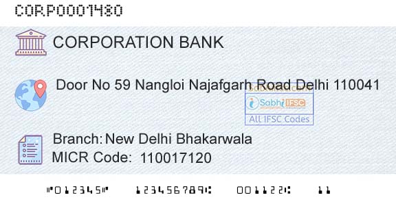 Corporation Bank New Delhi BhakarwalaBranch 