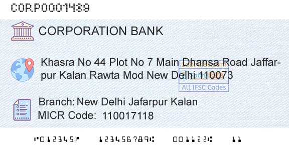 Corporation Bank New Delhi Jafarpur KalanBranch 
