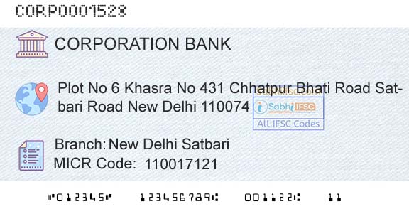 Corporation Bank New Delhi SatbariBranch 