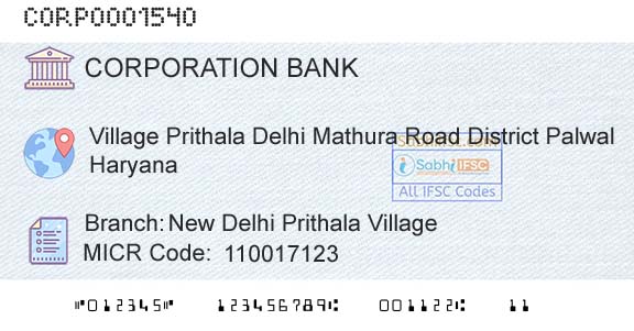 Corporation Bank New Delhi Prithala VillageBranch 