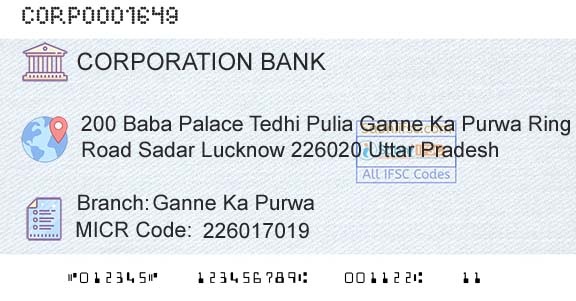 Corporation Bank Ganne Ka PurwaBranch 