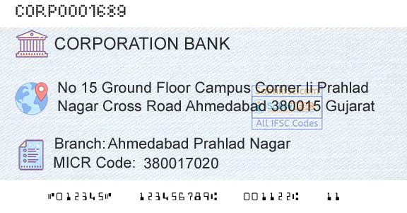 Corporation Bank Ahmedabad Prahlad NagarBranch 