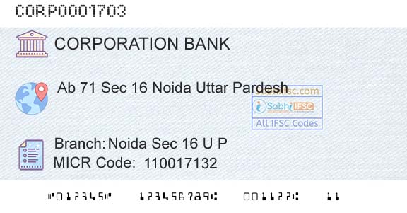 Corporation Bank Noida Sec 16 U PBranch 
