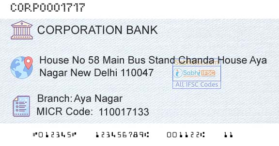 Corporation Bank Aya NagarBranch 