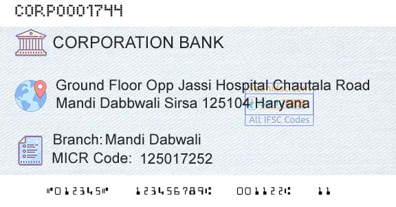 Corporation Bank Mandi DabwaliBranch 